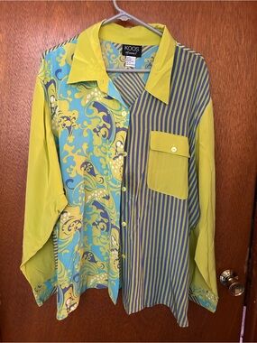 KOOS Lime & Teal Mixed-Print Button-Down Shirt